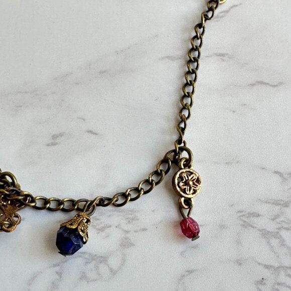 Brass Chain Ankle Bracelet With Red & Blue Glass Dangles Adjustable 7-9 Inches - Picture 4 of 7